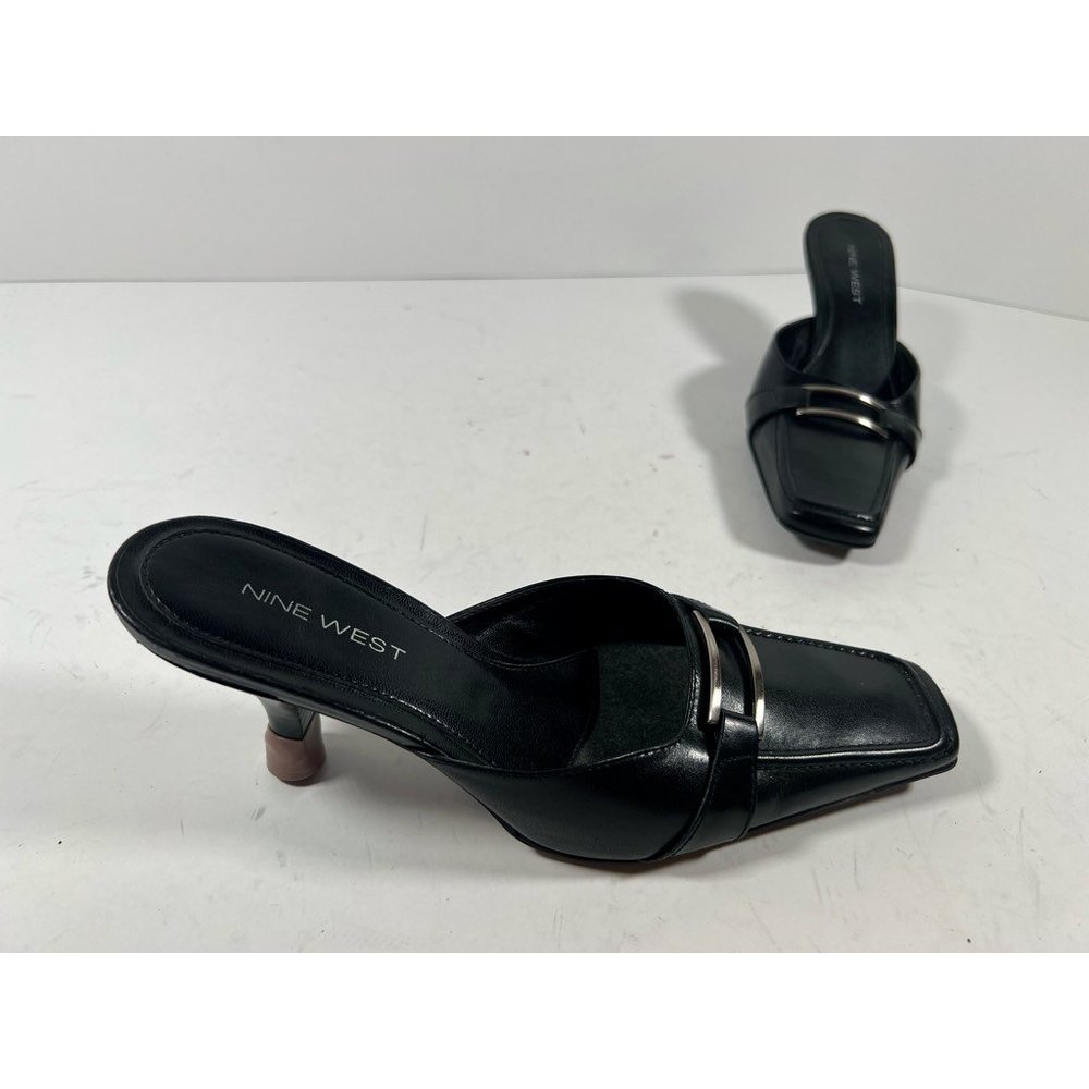 Nine West Womens Mules Heel Black Leather Slip On Mid Square Toe 6 M